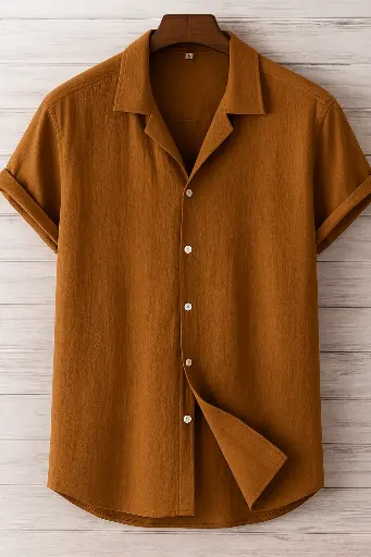 "Men's Solid Casual Cuban Collar Shirt – Brown